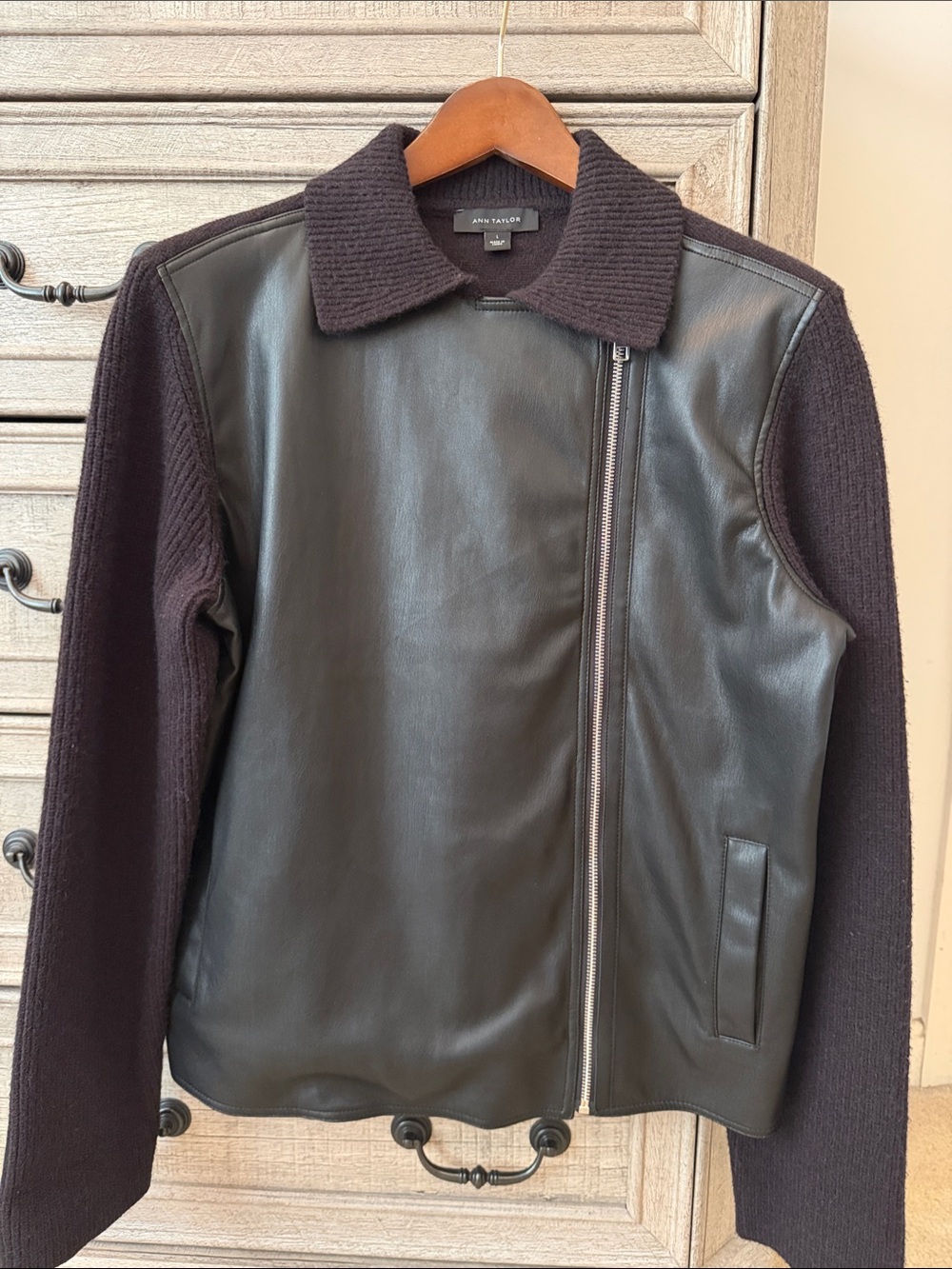 Ann Taylor Leather Front/Knit Sleeve Jacket - Black
